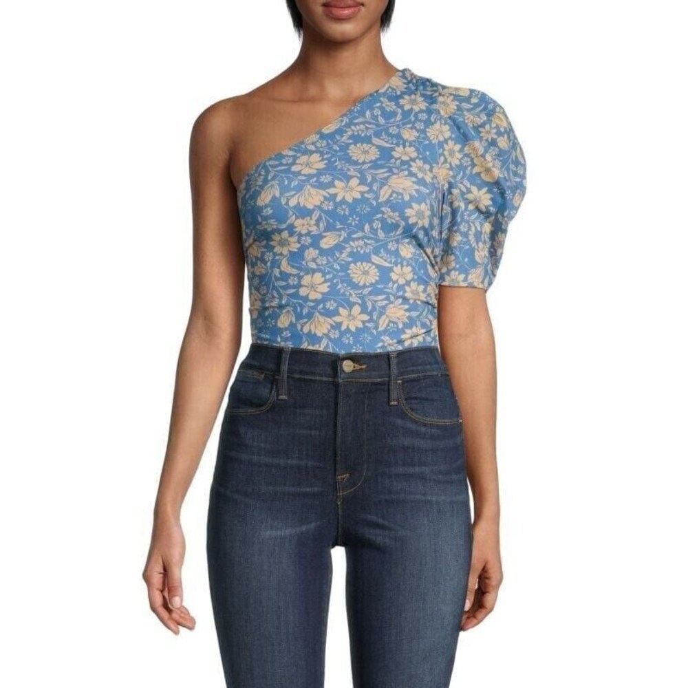Free People Blue Floral One-Shoulder Puff Sleeve Top